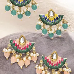 Anouk Set Of 2 Artificial Beaded Cresent Shaped Meenakari Drop Earrings-picture-49