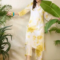 Indo Era Printed V-Neck Three-Quarter Sleeves Pure Cotton Tunic And Trousers-picture-36