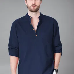 KNOWTED Mandarin Collar Roll-Up Sleeves Straight Short Kurta-picture-30