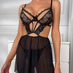 LULU & SKY Women Self Design Baby Dolls With Thong Briefs-picture-26