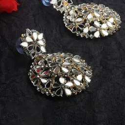 TANAIRA Silver Plated Stones Studded Mirror Work Circular Shaped Mirror Drop Earrings-picture-37