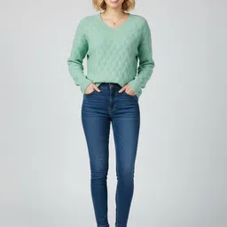 bebe Women Self Design V-Neck Pullover Sweater-image-0