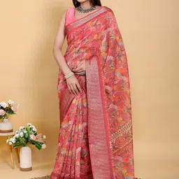 DIVASTRI Zari Woven Printed Pure Linen Banarasi Saree With Unstitched Blouse Piece-picture-21