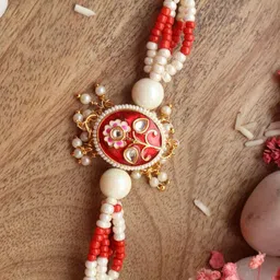Kamule Meenakari Kundan Stone Rakhi - Red and Cream-picture-34