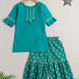 The Magic Wand Girls Round Neck Short Sleeves Regular Pure Cotton Kurta With Sharara-picture-31