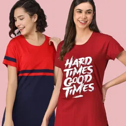 Christy World Women Pack Of 2 Typography Printed Round Neck Cotton Longline T-shirt-picture-30