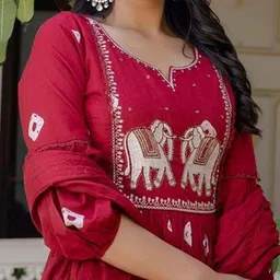 AREEH Women Bandhani Embroidered Cotton Anarkali Kurta with Trousers & Dupatta image 5