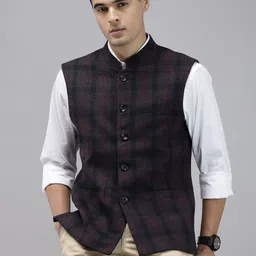 ColorPlus Checked Mandarin Collar Nehru Jackets-picture-26