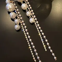 FIMBUL Gold-Plated Rhinestone Studded And Pearls Beaded Tasselled Spherical Drop Earrings-image-90