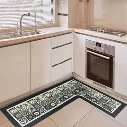 Cortina Cream & Black Ethnic Motifs Printed L-Shaped Waterproof Kitchen Floor Mat image 5