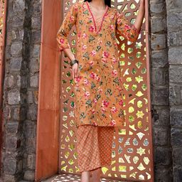 DECKEDUP Women Floral Printed Regular Pure Cotton Kurta with Trousers-picture-34