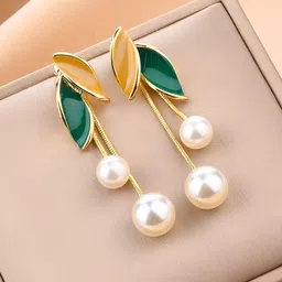 DressBerry Leaf Shaped Pearls Drop Earrings-picture-30