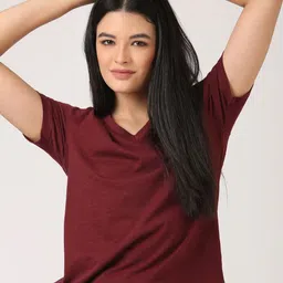 Jolene.club Wine V-neck Drop-Shoulder Sleeves Cotton Regular T-shirt-picture-11