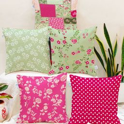 STITCHNEST Pink & Sea Green 5 Pieces Floral Square Cushion Covers-picture-30