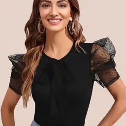 Honky Tonky Women Ribbed Tie-Up Neck Puff Sleeves Fitted Top-image-71