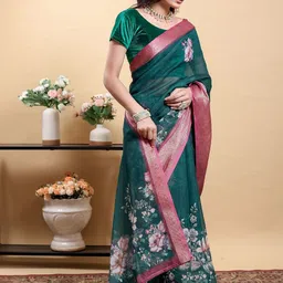 Jinal & Jinal Floral Zari Linen Blend Saree image 4
