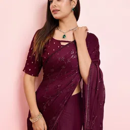 TASRIKA Ethnic Motifs Embroidered Sequinned Pure Chiffon Saree-image-37