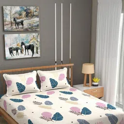 NEW TOWN Cream-Coloured & Pink Geometric 210 TC Queen Bedsheet with 2 Pillow Covers-image-62
