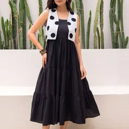 Ambraee Women Solid Polka Dots Printed Cotton Midi Dress-image-2