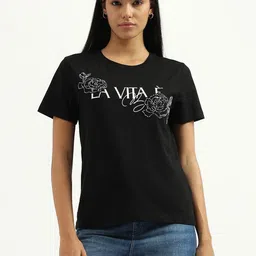 United Colors of Benetton Women Typography Printed Round Neck Pure Cotton T-shirt-image-44