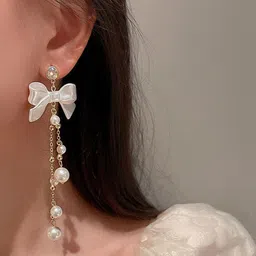 Celestria Contemporary Artificial Stones Studded and Beaded Drop Earrings image 2