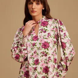 Kazo Floral Printed Keyhole Neck Satin Shirt Style Top-image-82