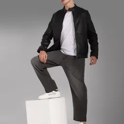 High Star Stand Collar Long Sleeves PU Biker Jacket image 5