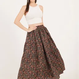 Brownverse Printed Pure Cotton Maxi A-Line Skirt-picture-28