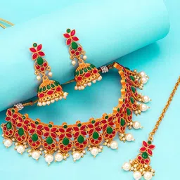aadita Gold-Plated Red & Green Stone-Studded & White Beaded Temple Jewellery Set-image-7