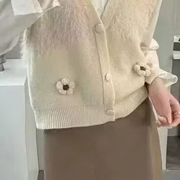 KPOP Women V-Neck Sleeveless Front-Open Sweater image 3