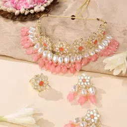 Zaveri Pearls Pink Stones & Layer Cluster Beads Kundan Flowers Choker Necklace Earring & Ring Set-ZPFK14833-image-31
