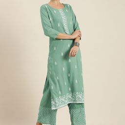 Vishudh Women Sea Green & White Printed Regular Kurta with Palazzos-picture-5