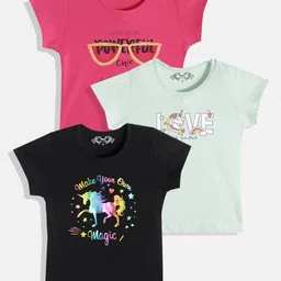 FEMEA Girls Pack Of 3 Black & Sea Green Typography 3 Printed T-shirt-picture-36