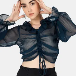 angloindu Women Sea Green Ruffles Chiffon Shirt Style Crop Top-image-17