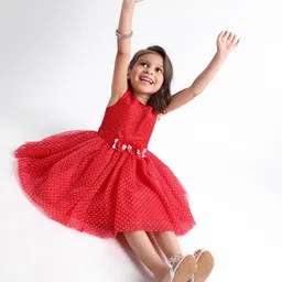 Babyhug Sleeveless Party Frock Foil Glitter Print - Persian Red-picture-12