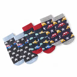 Cute Walk by Babyhug Cotton Blend Ankle Length Anti Skid Socks Stars & Plane Design Pack of 3 - Blue Grey & Red-picture-13