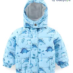 Babyoye Woven Full Sleeves Front Open Padded Hooded Jacket with Dino Print - Sky Blue-picture-19