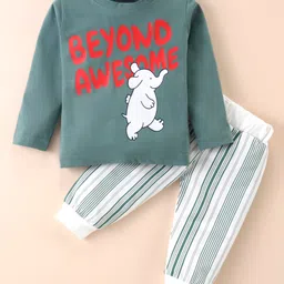 Mini Taurus Cotton Knit Full Sleeves Baby Elephant Printed T-Shirt & Striped Lounge Pants Set - Dark Green & White-picture-16