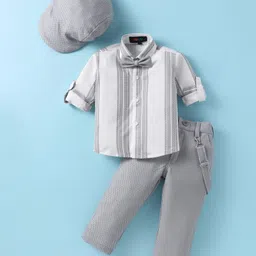 Robo Fry Cotton Woven Full Sleeves Striped Party Shirt & Trouser With Bow Suspender & Hat - Grey-picture-12