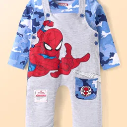 Babyhug Marvel Single Jersey Knit Full Sleeves T-Shirt & Full Length Dungaree Set with Spider-Man Graphics - Light Grey-image-60