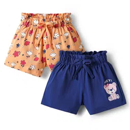 Doodle Poodle 100% Cotton Knee Length Shorts With Floral & Teddy Print Pack Of 2 - Navy Blue & Peach-picture-22