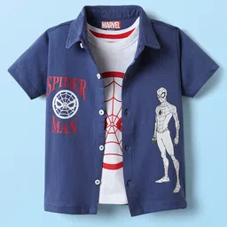 Babyhug Marvel Single Jersey Knit Half Sleeves Shirt & Sleeveless Vest Set with Spiderman Print - Navy Blue & White-image-34