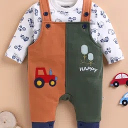 Wonderchild Happy Text Patch Detailed Dungaree With Full Sleeves Tee Set - White & Rust-picture-10