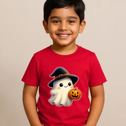 BLUSHES 100% Cotton Knit Halloween Theme Half Sleeves Poltergeist With Spooky Pumpkin Printed Tee - Red-picture-22