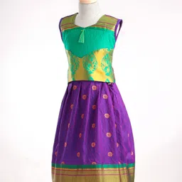 Bhartiya Paridhan Silk Sleeveless Gota Patti & Embroidered Choli & Lehenga Set - Magenta & Green image 2