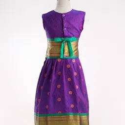 Bhartiya Paridhan Silk Sleeveless Gota Patti & Embroidered Choli & Lehenga Set - Magenta & Green image 3