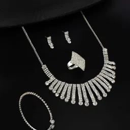 PRIVIU Silver Plated Rhinestone-Studded Jewellery Set image 1