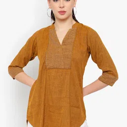 Indietoga Women Mustard Solid Cotton Plus Size Tunic-image-3