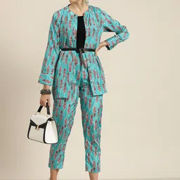 Shae by SASSAFRAS Women Blue & Red Ethnic Motifs Printed Tapered Fit High-Rise Trousers-picture-8