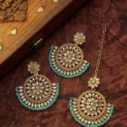 aadita Turquoise Blue Gold-Plated Kundan Studded Maang Tika & Earrings Set-picture-17